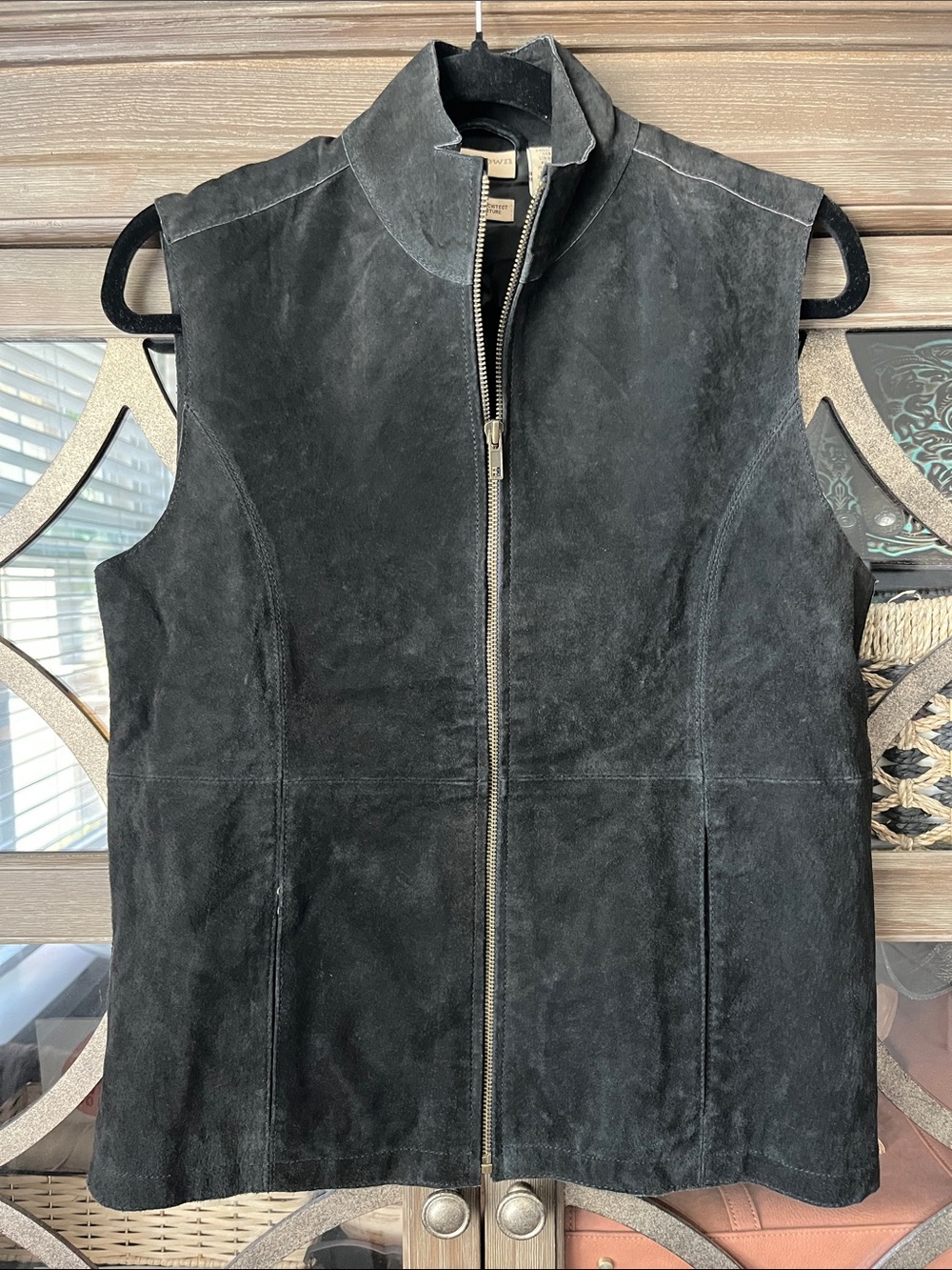 Ruff Hewn Black 100% Suede Leather Brass Zip-Front Women's Vest